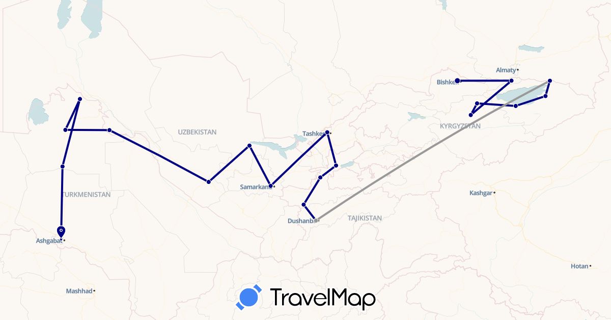 TravelMap itinerary: driving, plane in Kyrgyzstan, Tajikistan, Turkmenistan, Uzbekistan (Asia)